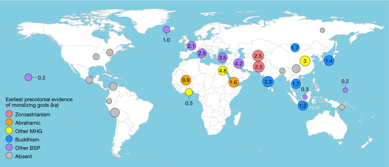 Locations of the 30 sampled regions on the world map, labelled according to evidence of moralizing gods. MHG stands for moralizing high gods and BHP stands for broad supernatural punishment. The numbers correspond to thousands of years ago in terms of when the beliefs appeared within the culture.